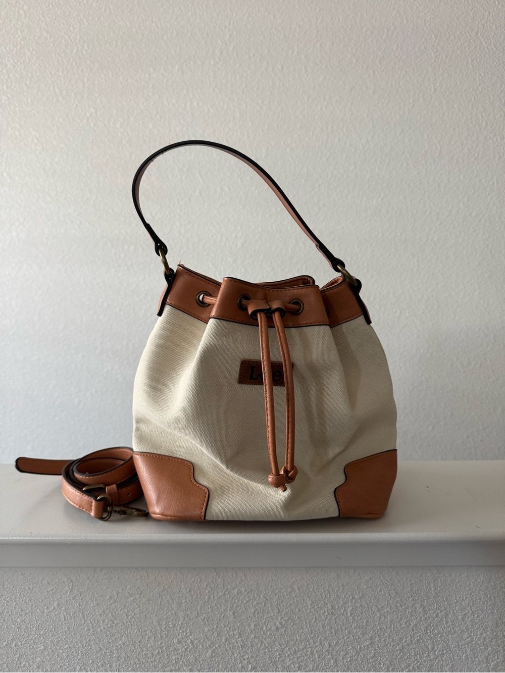 Lee Cream Canvas Bucket Shoulder Bag with Tan Leather Trim
